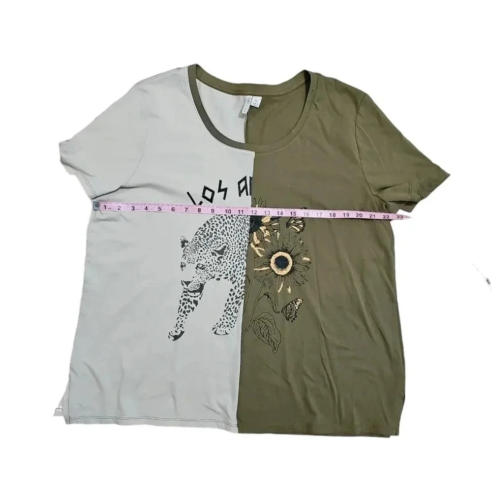Cato Women’s XL Olive Beige Graphic Tee Leopard Sunflower Boho Y2K Oversized - Picture 7 of 8